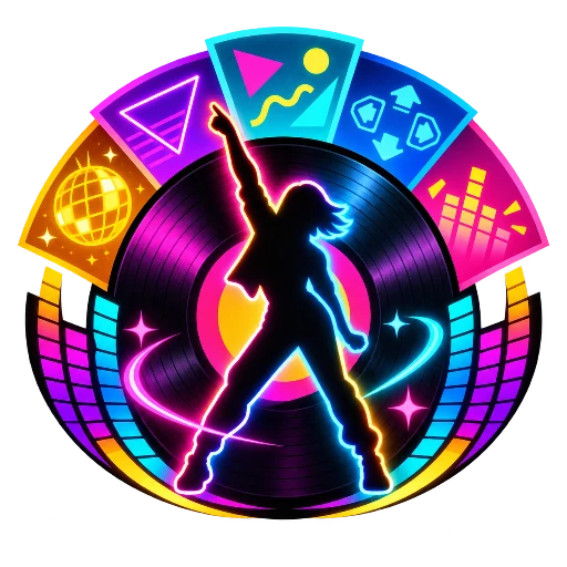 Fan-made dancing silhouette and neon vinyl-record emblem